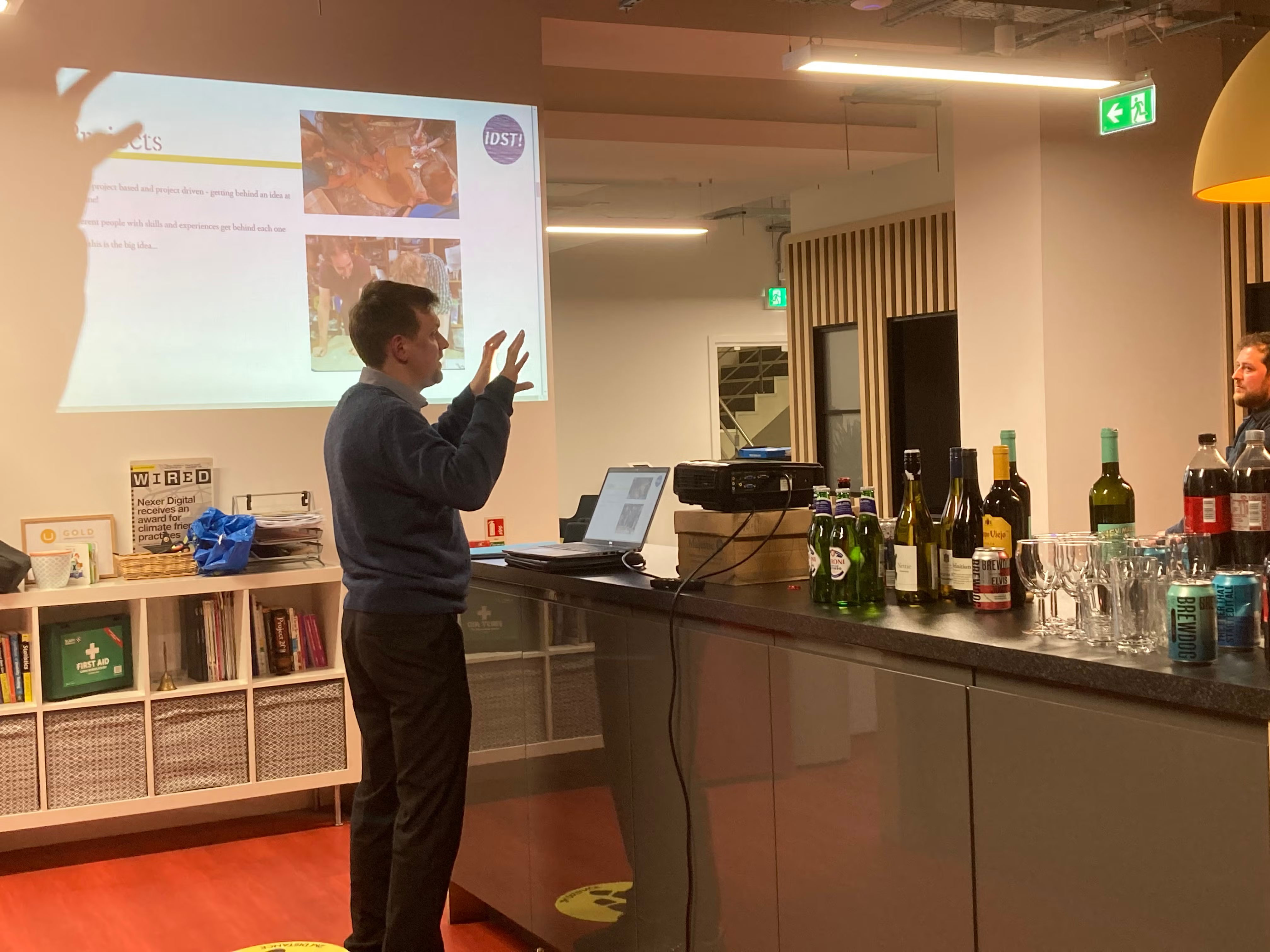 Neil gesticulating mid presentation at Nexer Digital, Macclesfield