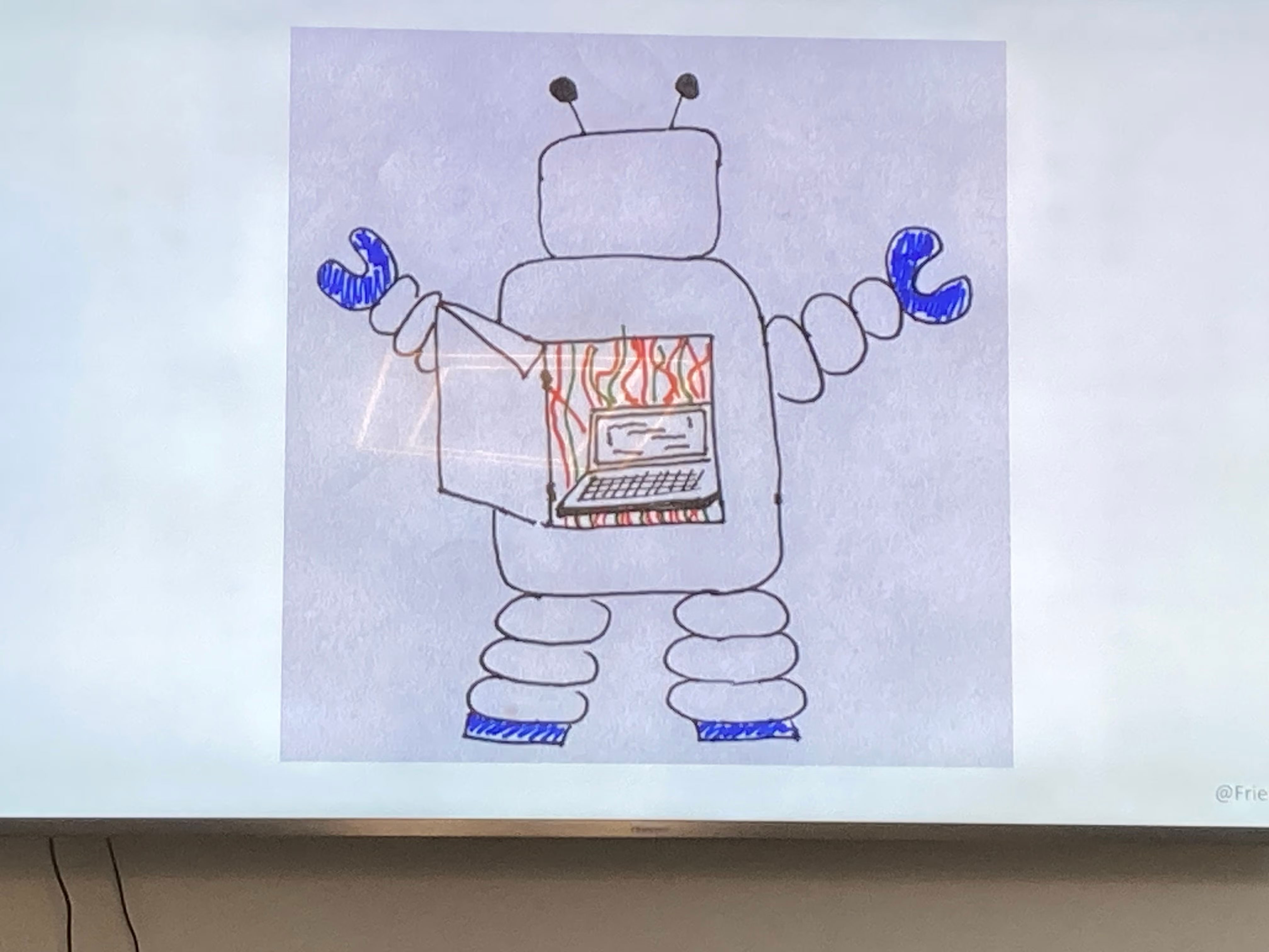 Image of a robot, with a burning computer inside