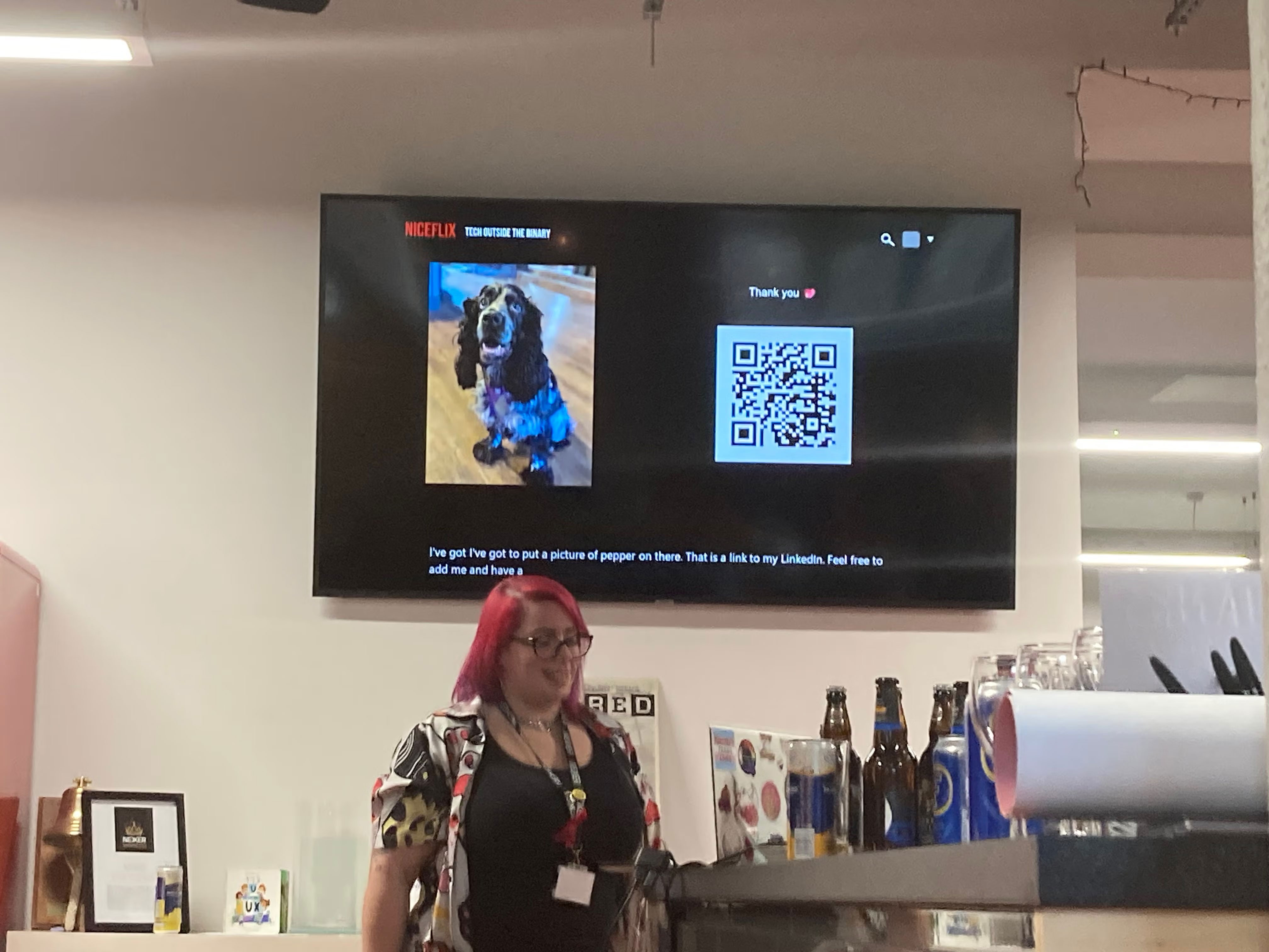 Tracey, Presentation thank you screen featuring a dog and a QR code.