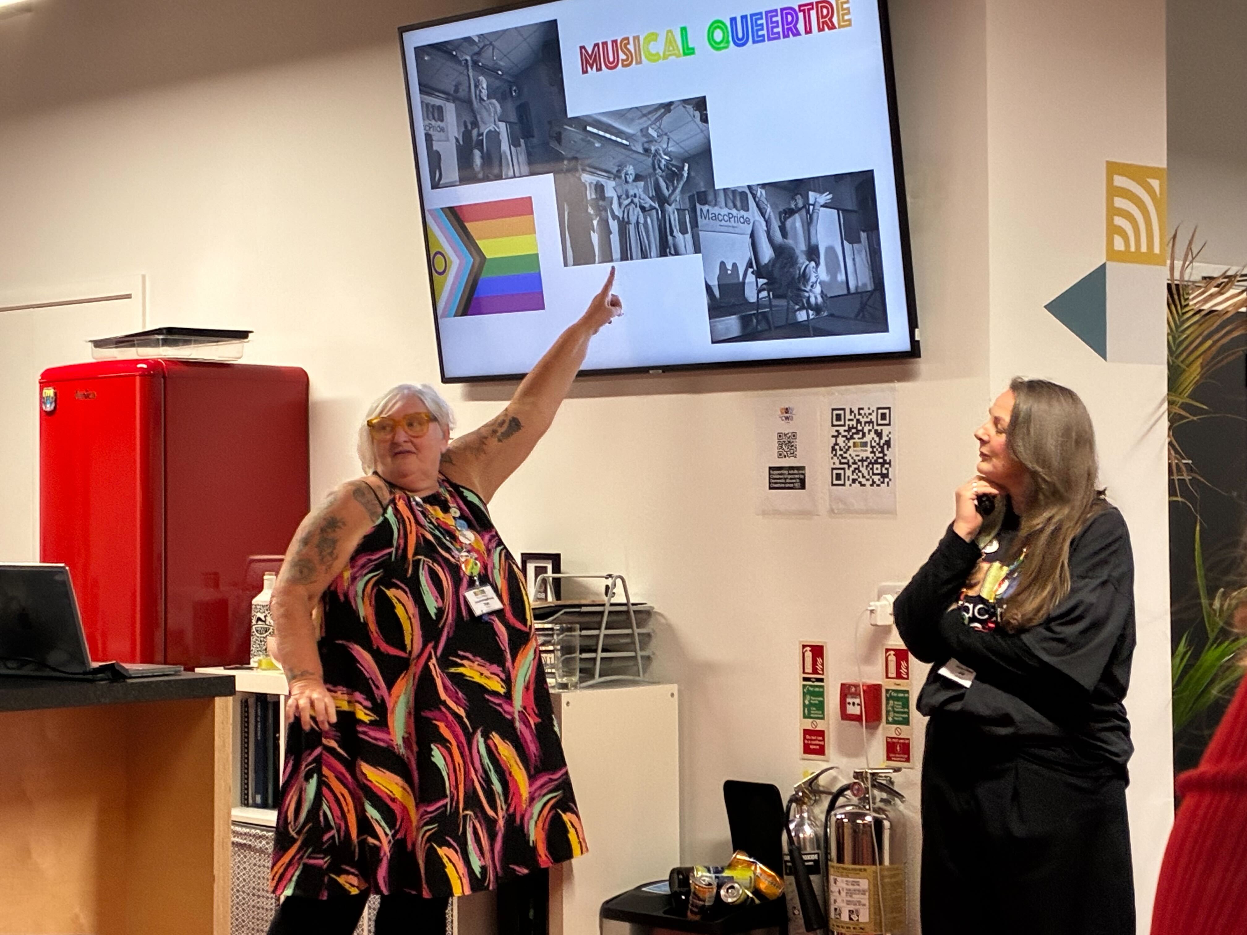 Sue, Joanne talking Macc Pride
